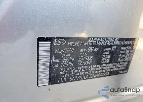 2022 Hyundai Santa Fe Se z USA, uszkodzony, nr VIN 5NMS14AJ2NH470994